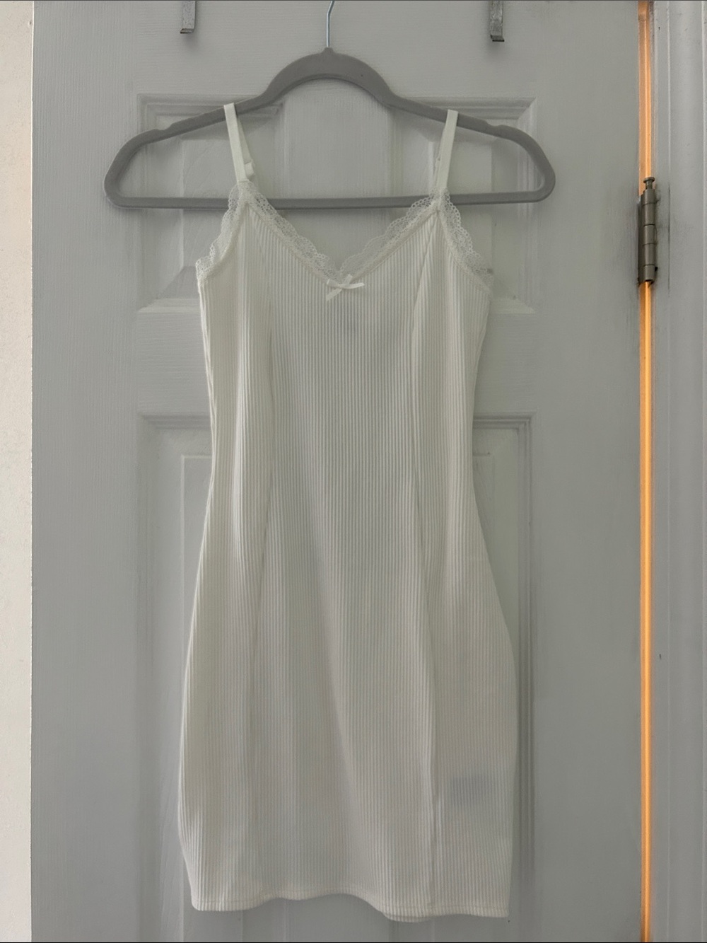 Divided White Ribbed Lace-Trim Slip